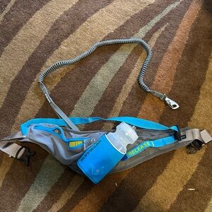 Blue and Gray Running Belt with Leash and Water Bottle Holder